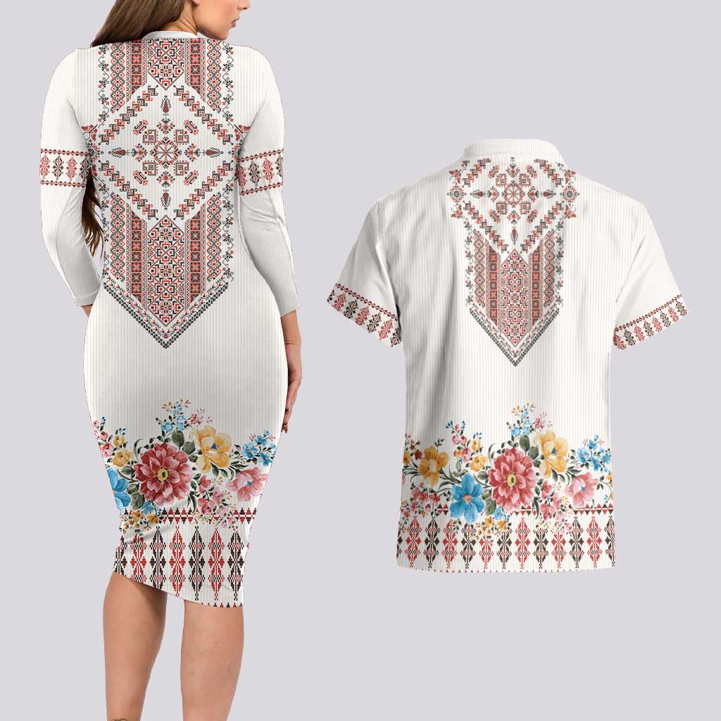 Romania Happy Martisor Day 1 March Couples Matching Long Sleeve Bodycon Dress and Hawaiian Shirt Martenitsa and Peony Romanian Traditional Pattern