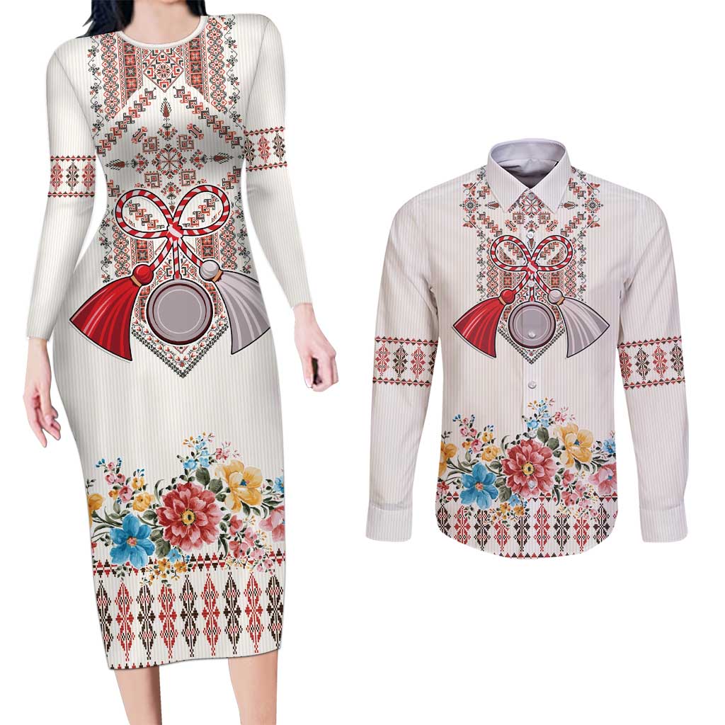 Romania Happy Martisor Day 1 March Couples Matching Long Sleeve Bodycon Dress and Long Sleeve Button Shirt Martenitsa and Peony Romanian Traditional Pattern