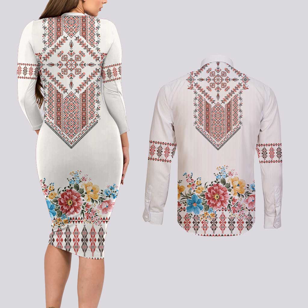 Romania Happy Martisor Day 1 March Couples Matching Long Sleeve Bodycon Dress and Long Sleeve Button Shirt Martenitsa and Peony Romanian Traditional Pattern