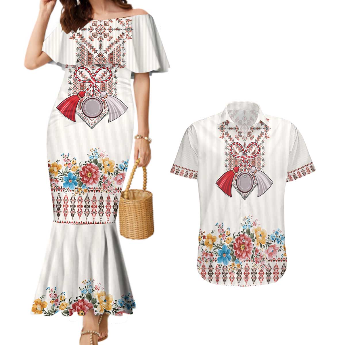 Romania Happy Martisor Day 1 March Couples Matching Mermaid Dress and Hawaiian Shirt Martenitsa and Peony Romanian Traditional Pattern