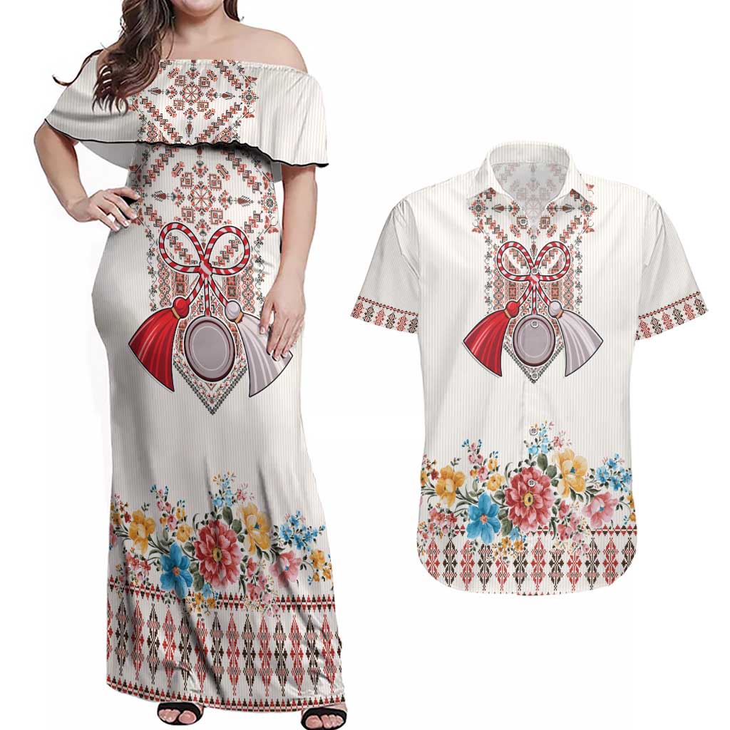 Romania Happy Martisor Day 1 March Couples Matching Off Shoulder Maxi Dress and Hawaiian Shirt Martenitsa and Peony Romanian Traditional Pattern
