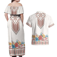 Romania Happy Martisor Day 1 March Couples Matching Off Shoulder Maxi Dress and Hawaiian Shirt Martenitsa and Peony Romanian Traditional Pattern