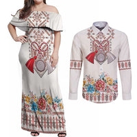 Romania Happy Martisor Day 1 March Couples Matching Off Shoulder Maxi Dress and Long Sleeve Button Shirt Martenitsa and Peony Romanian Traditional Pattern