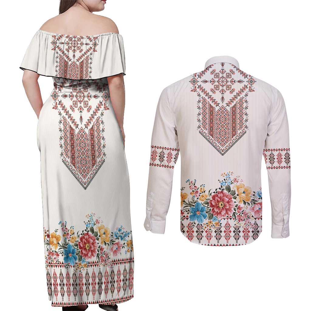 Romania Happy Martisor Day 1 March Couples Matching Off Shoulder Maxi Dress and Long Sleeve Button Shirt Martenitsa and Peony Romanian Traditional Pattern