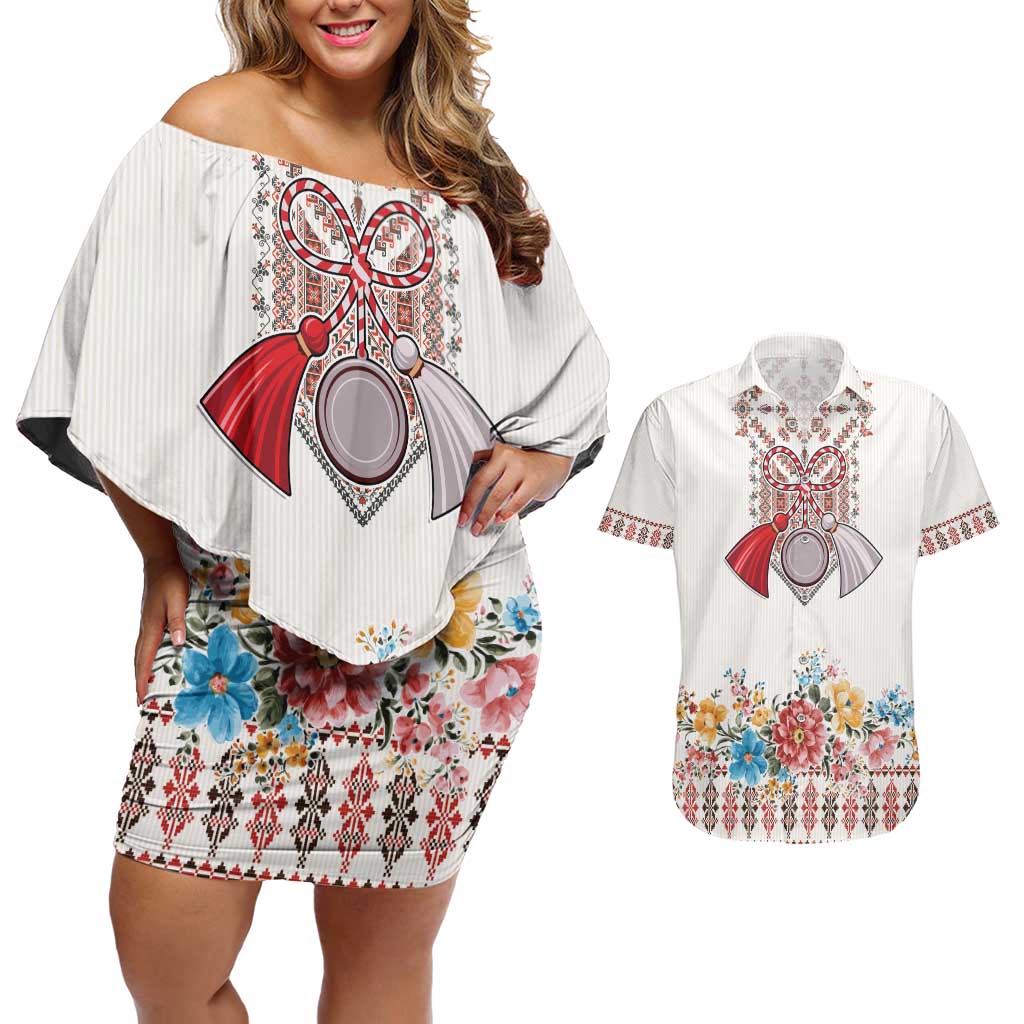 Romania Happy Martisor Day 1 March Couples Matching Off Shoulder Short Dress and Hawaiian Shirt Martenitsa and Peony Romanian Traditional Pattern