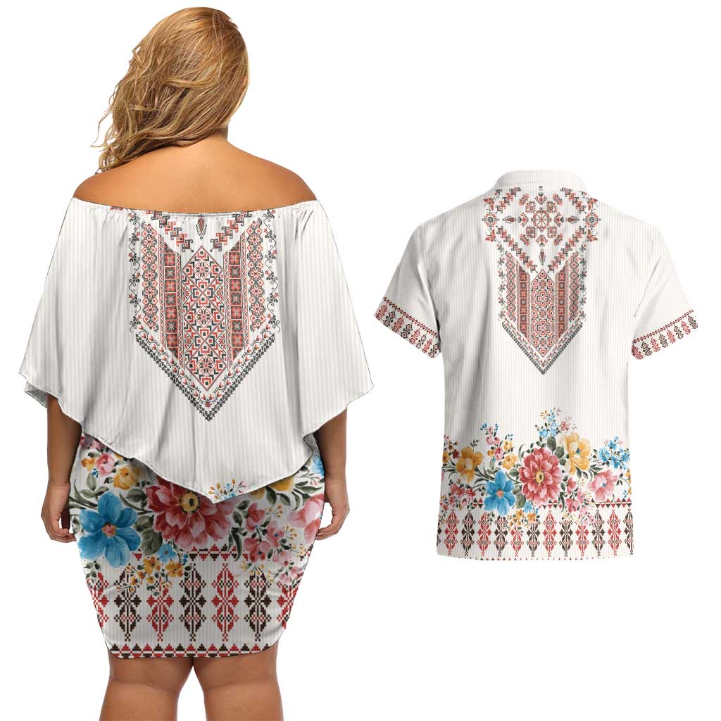 Romania Happy Martisor Day 1 March Couples Matching Off Shoulder Short Dress and Hawaiian Shirt Martenitsa and Peony Romanian Traditional Pattern