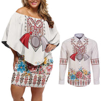 Romania Happy Martisor Day 1 March Couples Matching Off Shoulder Short Dress and Long Sleeve Button Shirt Martenitsa and Peony Romanian Traditional Pattern