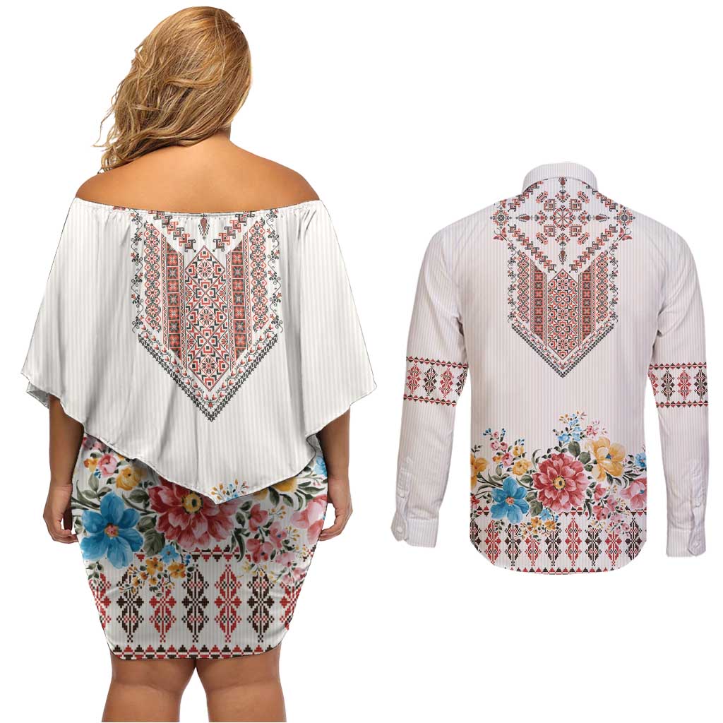 Romania Happy Martisor Day 1 March Couples Matching Off Shoulder Short Dress and Long Sleeve Button Shirt Martenitsa and Peony Romanian Traditional Pattern