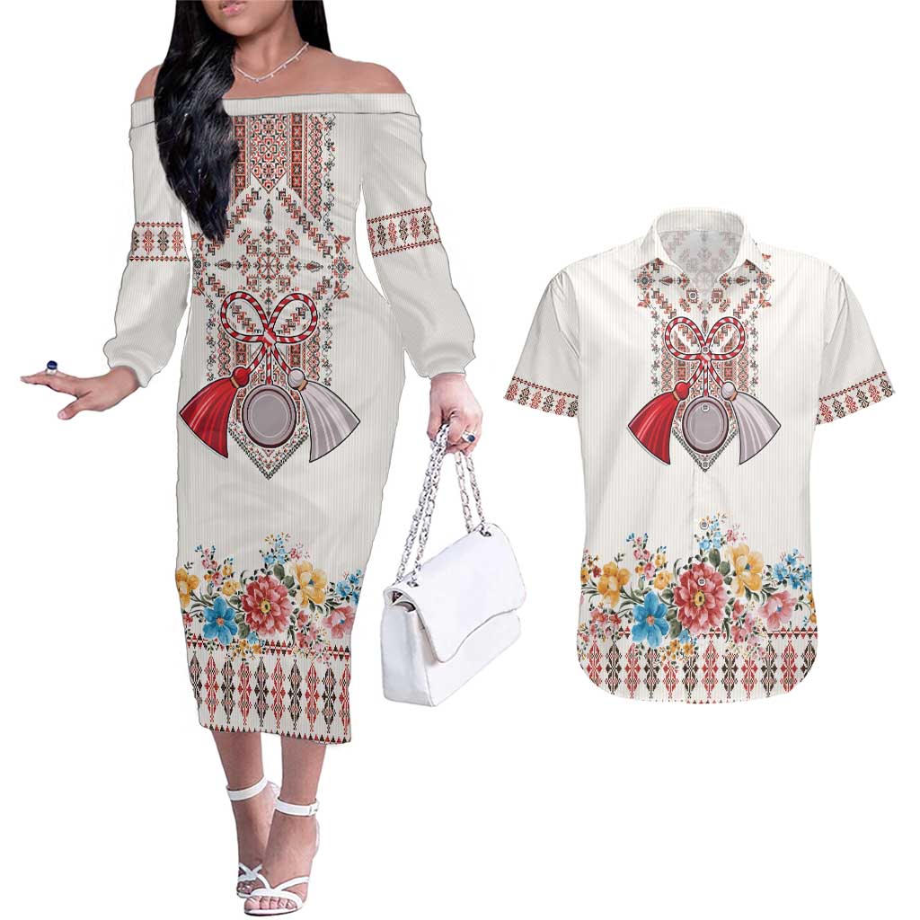 Romania Happy Martisor Day 1 March Couples Matching Off The Shoulder Long Sleeve Dress and Hawaiian Shirt Martenitsa and Peony Romanian Traditional Pattern