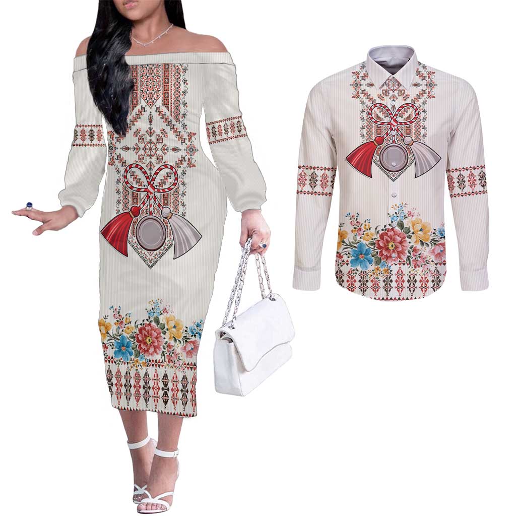 Romania Happy Martisor Day 1 March Couples Matching Off The Shoulder Long Sleeve Dress and Long Sleeve Button Shirt Martenitsa and Peony Romanian Traditional Pattern
