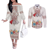 Romania Happy Martisor Day 1 March Couples Matching Off The Shoulder Long Sleeve Dress and Long Sleeve Button Shirt Martenitsa and Peony Romanian Traditional Pattern