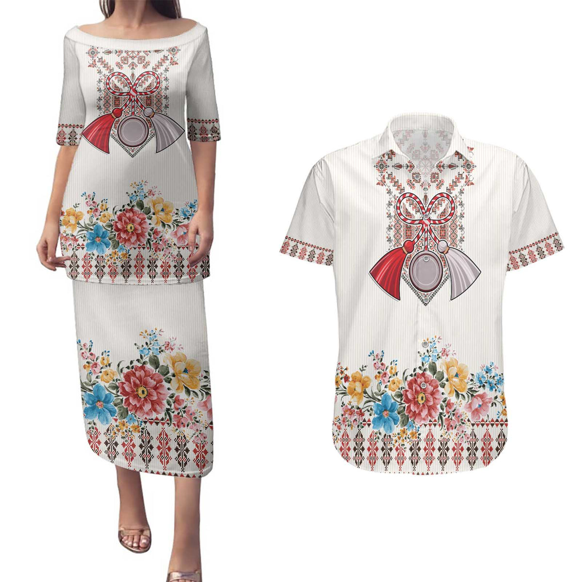 Romania Happy Martisor Day 1 March Couples Matching Puletasi and Hawaiian Shirt Martenitsa and Peony Romanian Traditional Pattern