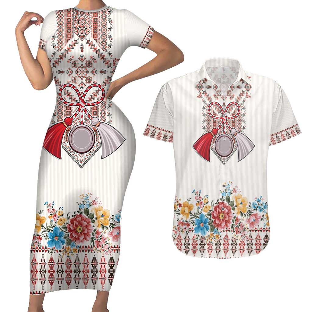 Romania Happy Martisor Day 1 March Couples Matching Short Sleeve Bodycon Dress and Hawaiian Shirt Martenitsa and Peony Romanian Traditional Pattern
