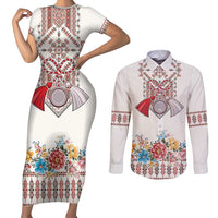 Romania Happy Martisor Day 1 March Couples Matching Short Sleeve Bodycon Dress and Long Sleeve Button Shirt Martenitsa and Peony Romanian Traditional Pattern