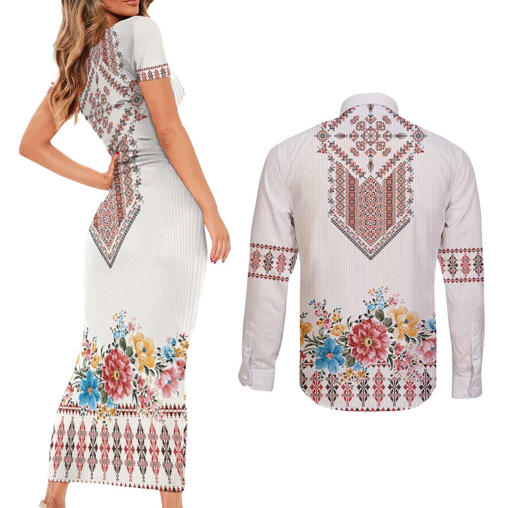 Romania Happy Martisor Day 1 March Couples Matching Short Sleeve Bodycon Dress and Long Sleeve Button Shirt Martenitsa and Peony Romanian Traditional Pattern