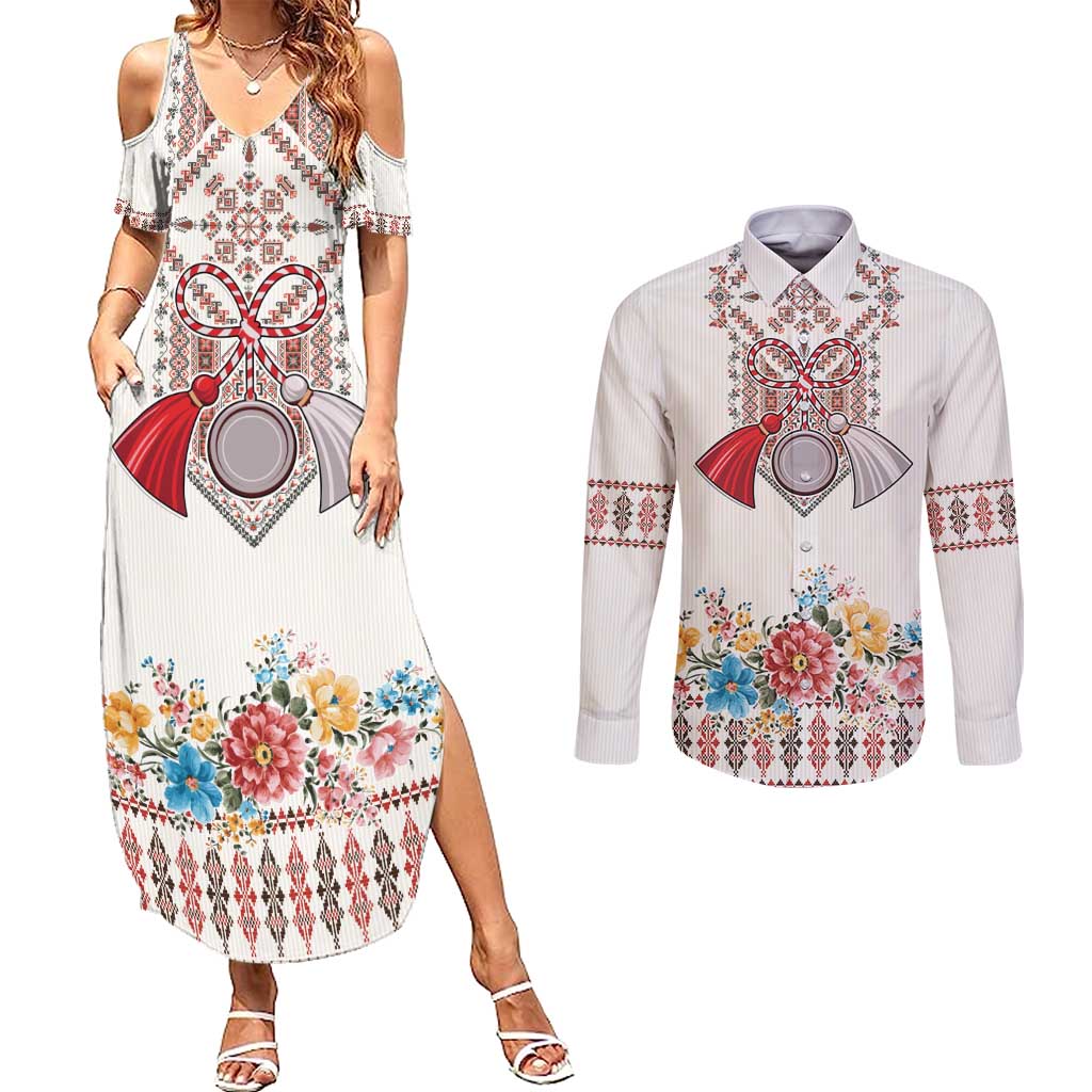 Romania Happy Martisor Day 1 March Couples Matching Summer Maxi Dress and Long Sleeve Button Shirt Martenitsa and Peony Romanian Traditional Pattern