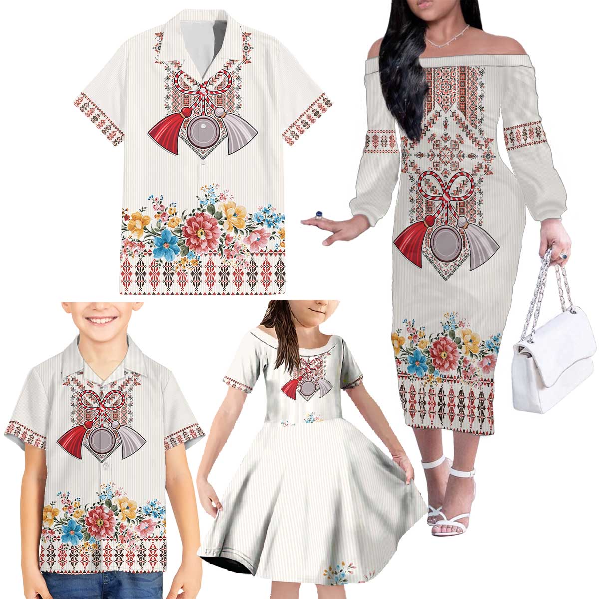 Romania Happy Martisor Day 1 March Family Matching Off The Shoulder Long Sleeve Dress and Hawaiian Shirt Martenitsa and Peony Romanian Traditional Pattern