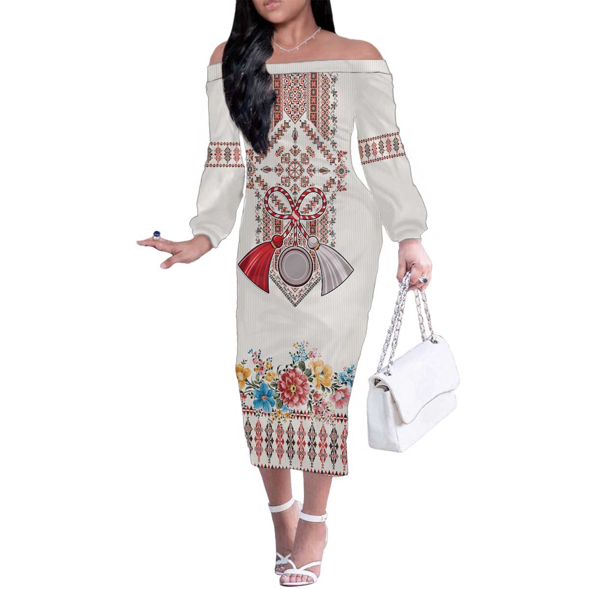 Romania Happy Martisor Day 1 March Family Matching Off The Shoulder Long Sleeve Dress and Hawaiian Shirt Martenitsa and Peony Romanian Traditional Pattern