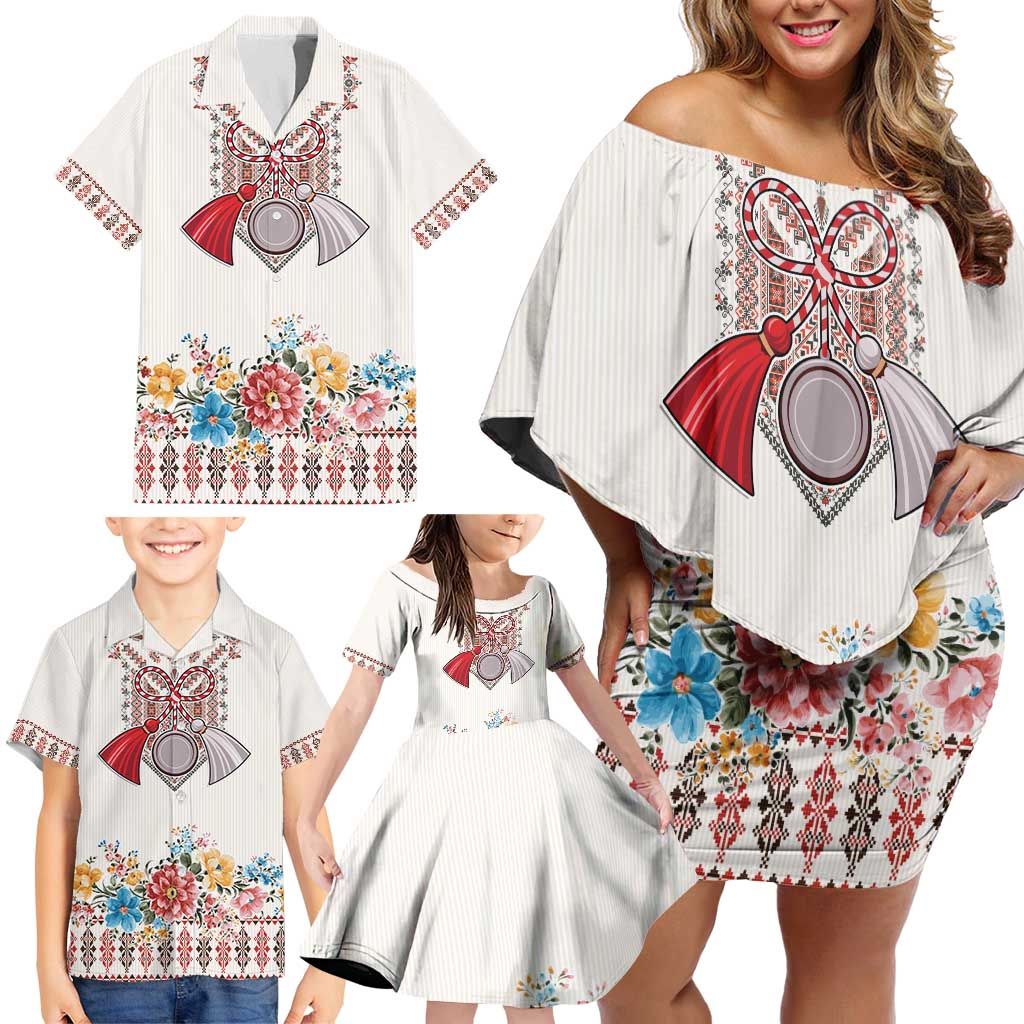Romania Happy Martisor Day 1 March Family Matching Off Shoulder Short Dress and Hawaiian Shirt Martenitsa and Peony Romanian Traditional Pattern