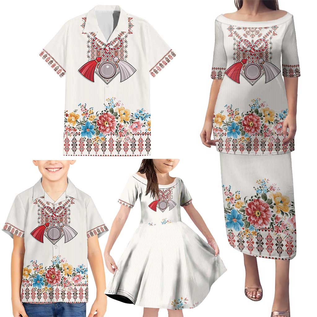 Romania Happy Martisor Day 1 March Family Matching Puletasi and Hawaiian Shirt Martenitsa and Peony Romanian Traditional Pattern