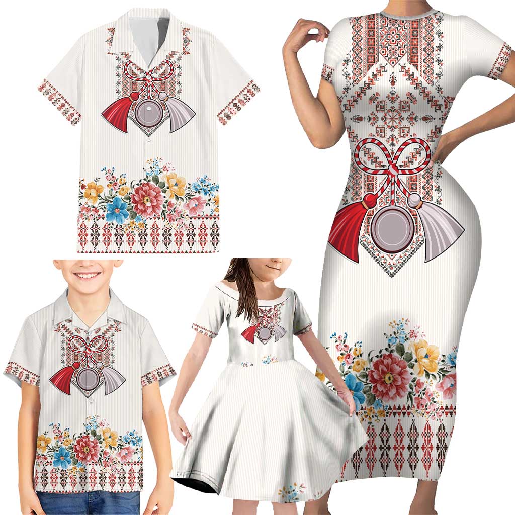 Romania Happy Martisor Day 1 March Family Matching Short Sleeve Bodycon Dress and Hawaiian Shirt Martenitsa and Peony Romanian Traditional Pattern
