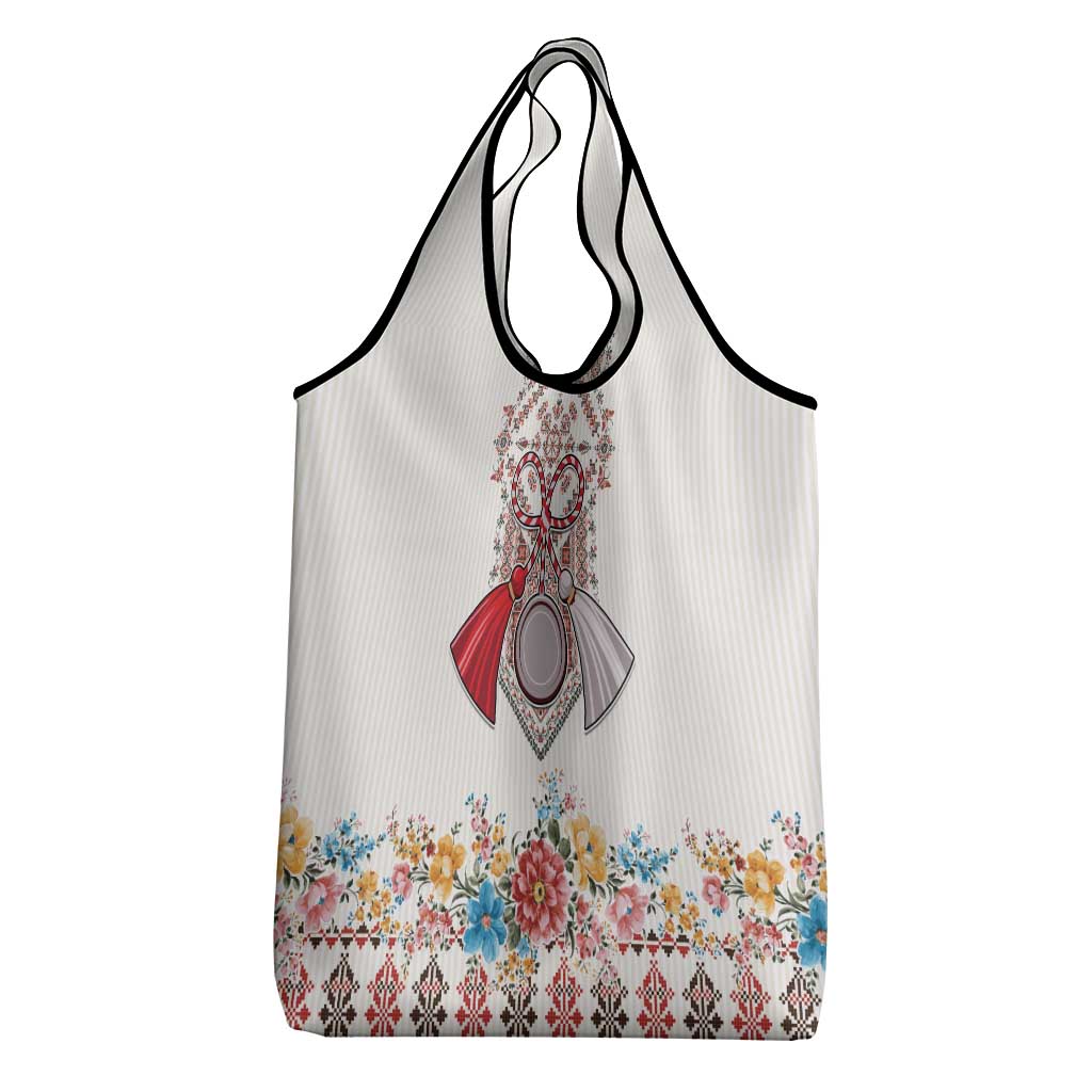 Romania Happy Martisor Day 1 March Grocery Bag Martenitsa and Peony Romanian Traditional Pattern