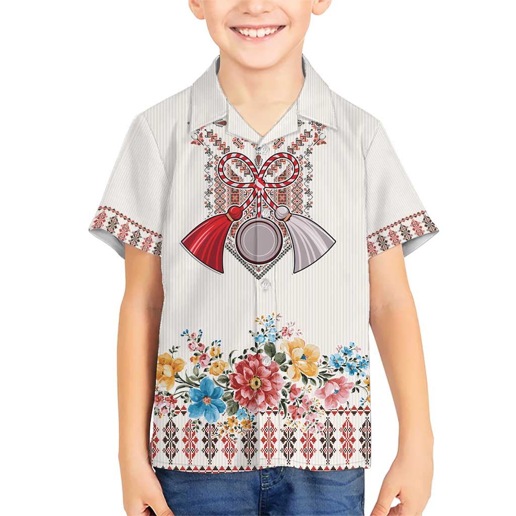 Romania Happy Martisor Day 1 March Kid Hawaiian Shirt Martenitsa and Peony Romanian Traditional Pattern