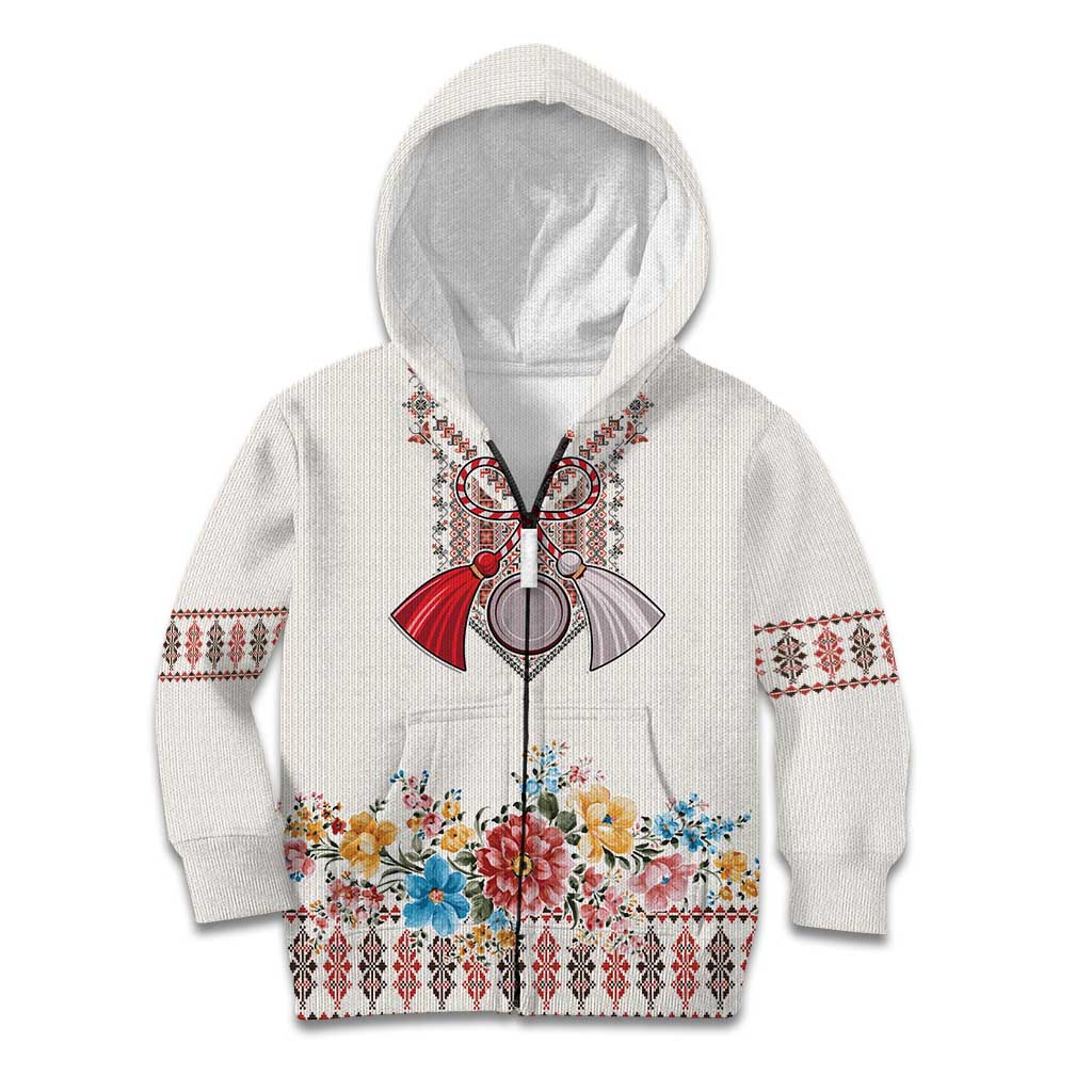 Romania Happy Martisor Day 1 March Kid Hoodie Martenitsa and Peony Romanian Traditional Pattern