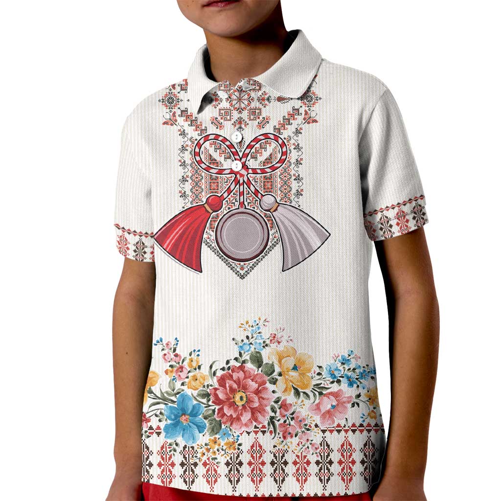 Romania Happy Martisor Day 1 March Kid Polo Shirt Martenitsa and Peony Romanian Traditional Pattern