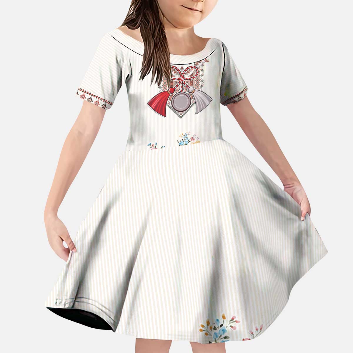 Romania Happy Martisor Day 1 March Kid Short Sleeve Dress Martenitsa and Peony Romanian Traditional Pattern