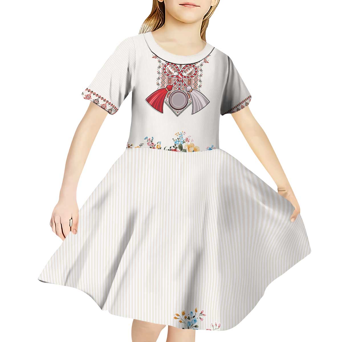 Romania Happy Martisor Day 1 March Kid Short Sleeve Dress Martenitsa and Peony Romanian Traditional Pattern