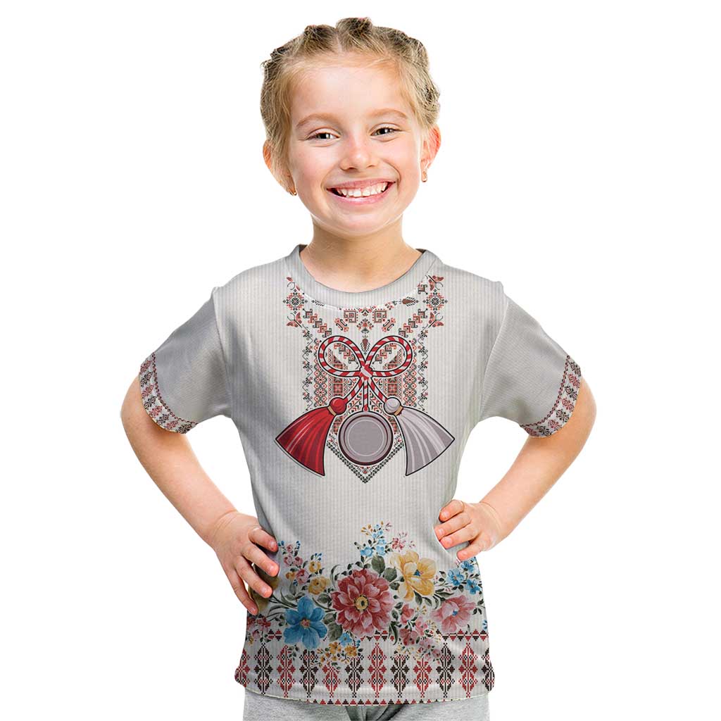 Romania Happy Martisor Day 1 March Kid T Shirt Martenitsa and Peony Romanian Traditional Pattern