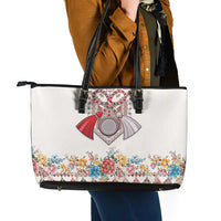 Romania Happy Martisor Day 1 March Leather Tote Bag Martenitsa and Peony Romanian Traditional Pattern