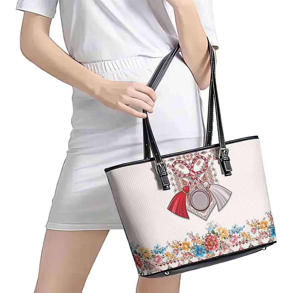 Romania Happy Martisor Day 1 March Leather Tote Bag Martenitsa and Peony Romanian Traditional Pattern