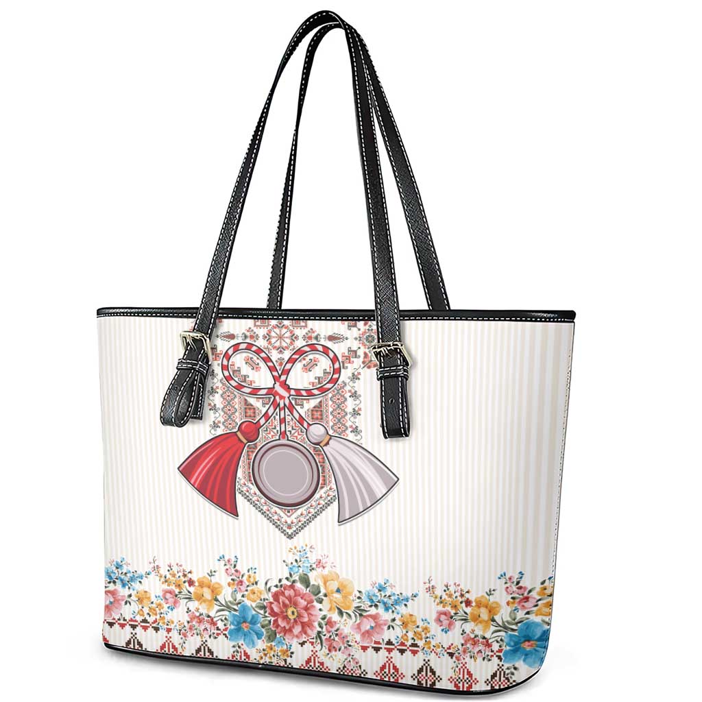 Romania Happy Martisor Day 1 March Leather Tote Bag Martenitsa and Peony Romanian Traditional Pattern