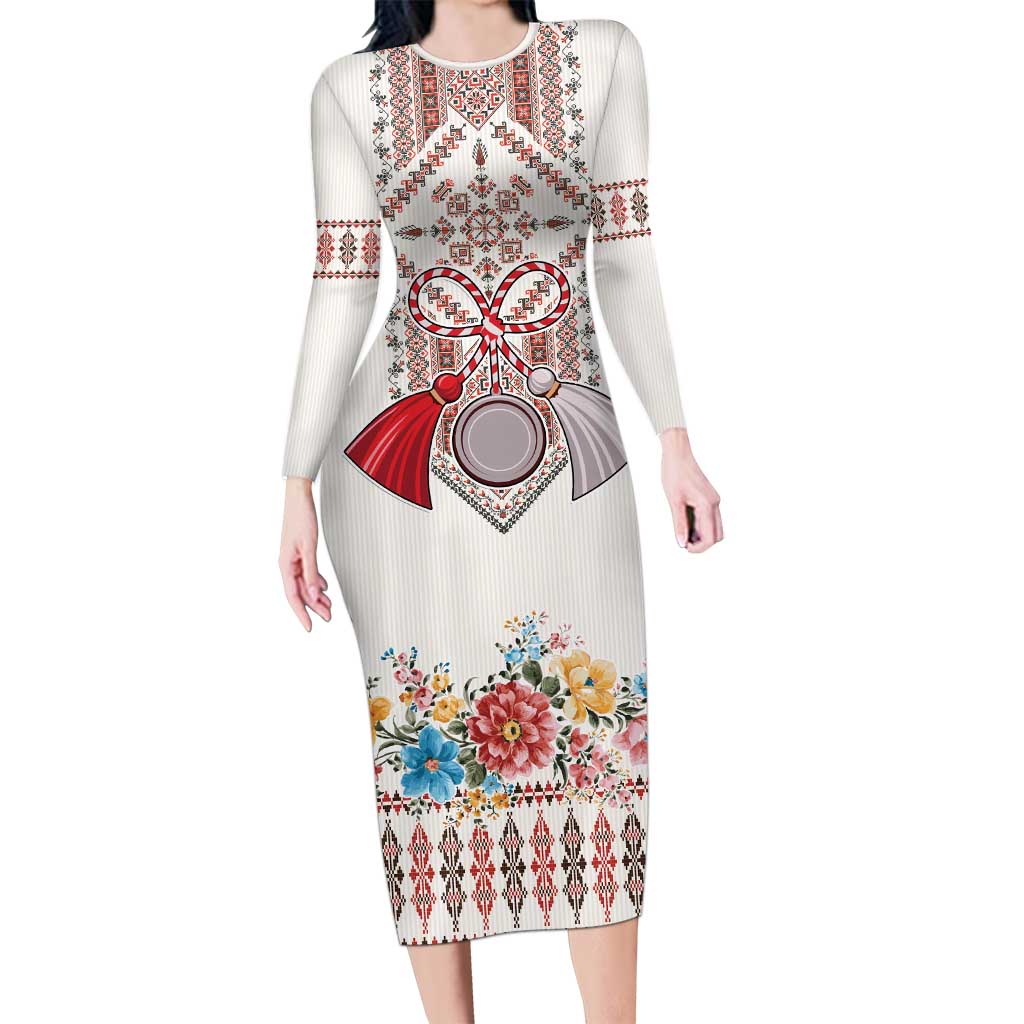 Romania Happy Martisor Day 1 March Long Sleeve Bodycon Dress Martenitsa and Peony Romanian Traditional Pattern