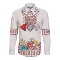 Romania Happy Martisor Day 1 March Long Sleeve Button Shirt Martenitsa and Peony Romanian Traditional Pattern