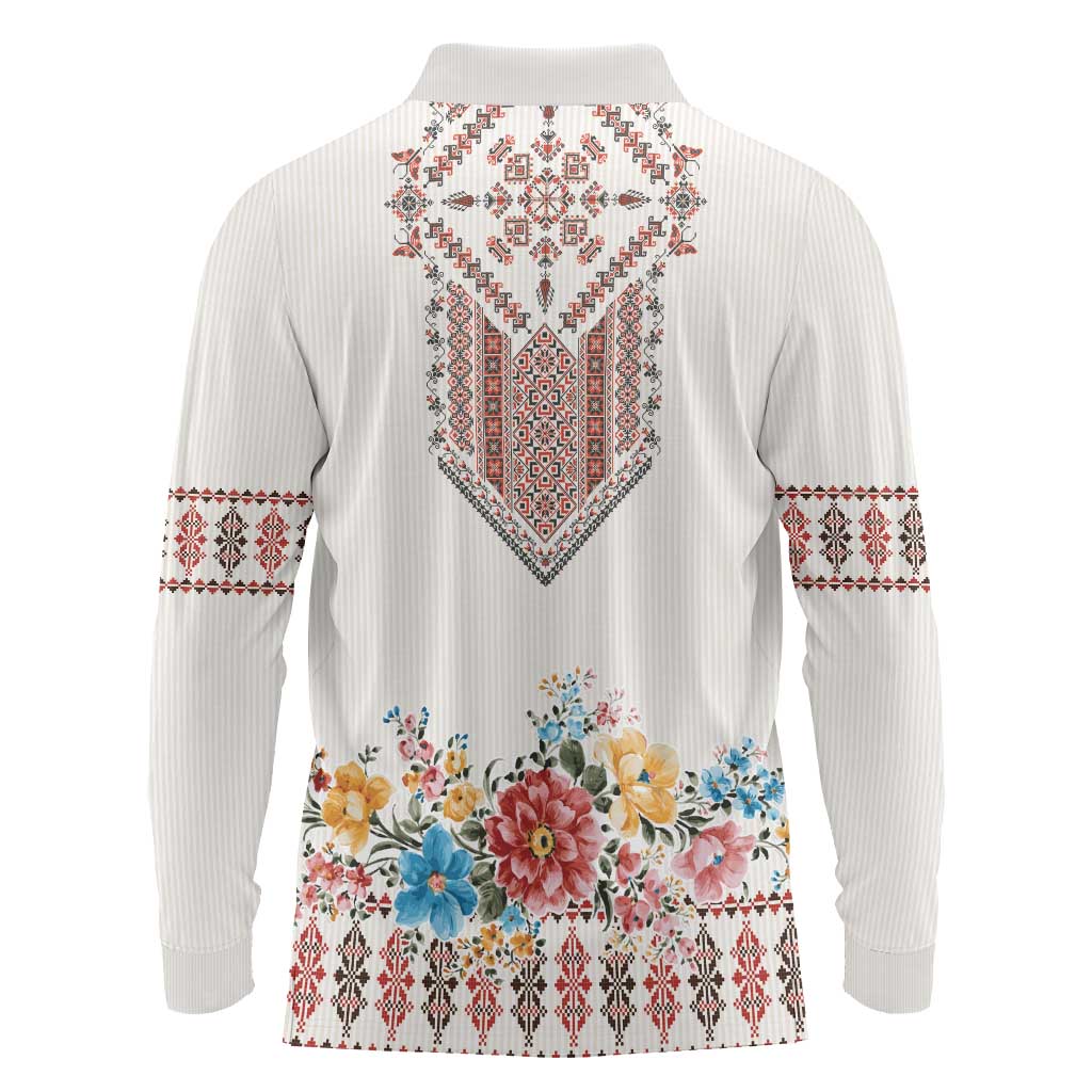 Romania Happy Martisor Day 1 March Long Sleeve Polo Shirt Martenitsa and Peony Romanian Traditional Pattern
