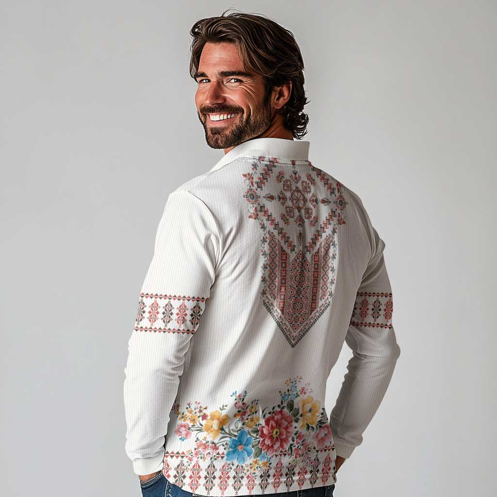Romania Happy Martisor Day 1 March Long Sleeve Polo Shirt Martenitsa and Peony Romanian Traditional Pattern