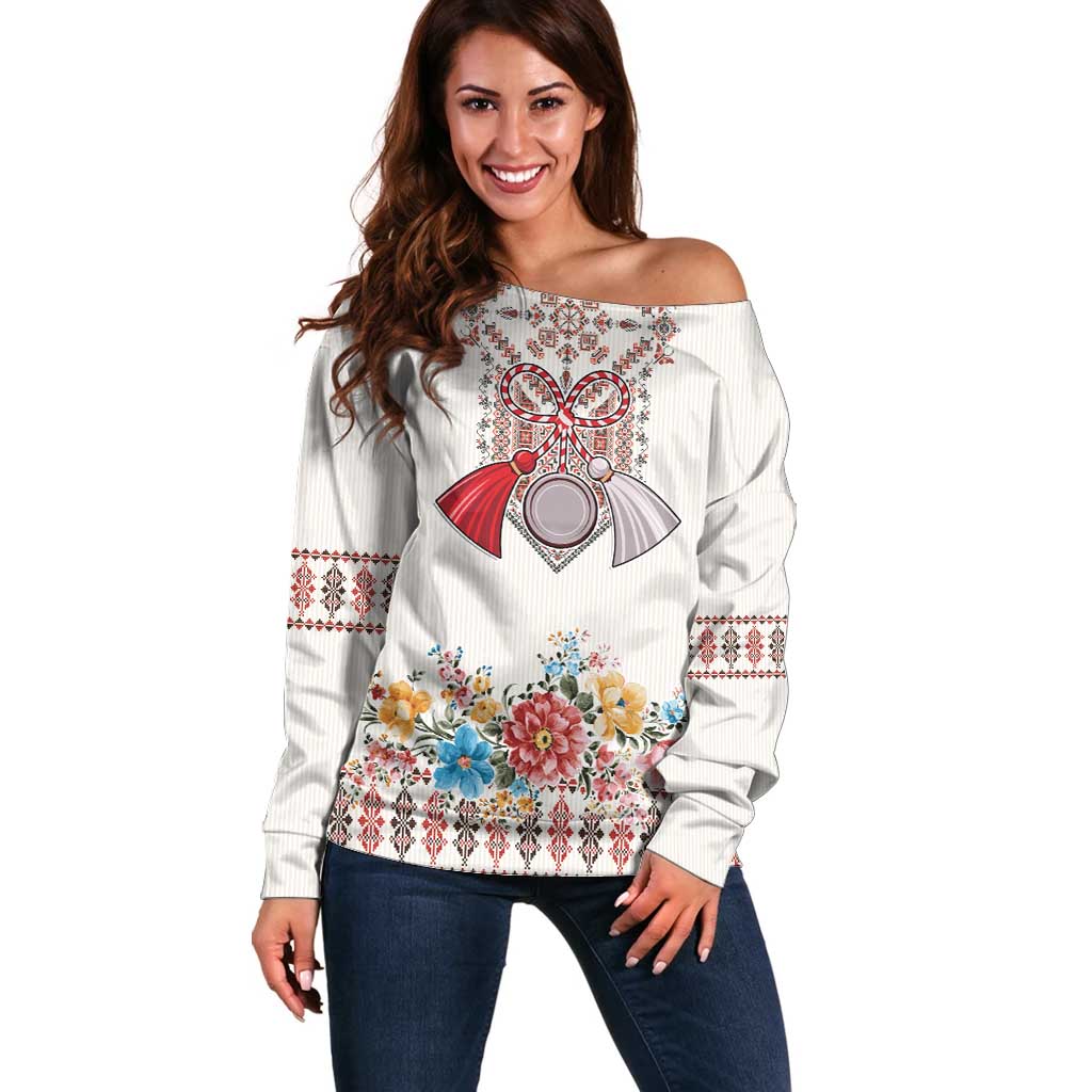 Romania Happy Martisor Day 1 March Off Shoulder Sweater Martenitsa and Peony Romanian Traditional Pattern