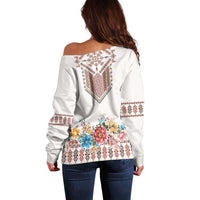 Romania Happy Martisor Day 1 March Off Shoulder Sweater Martenitsa and Peony Romanian Traditional Pattern