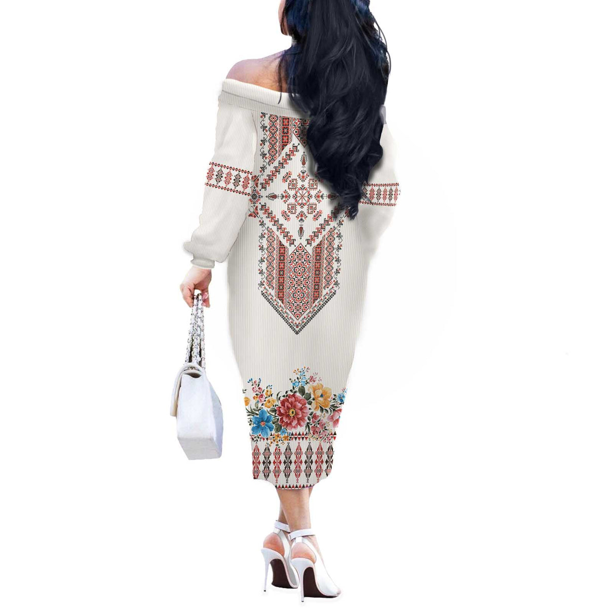 Romania Happy Martisor Day 1 March Off The Shoulder Long Sleeve Dress Martenitsa and Peony Romanian Traditional Pattern