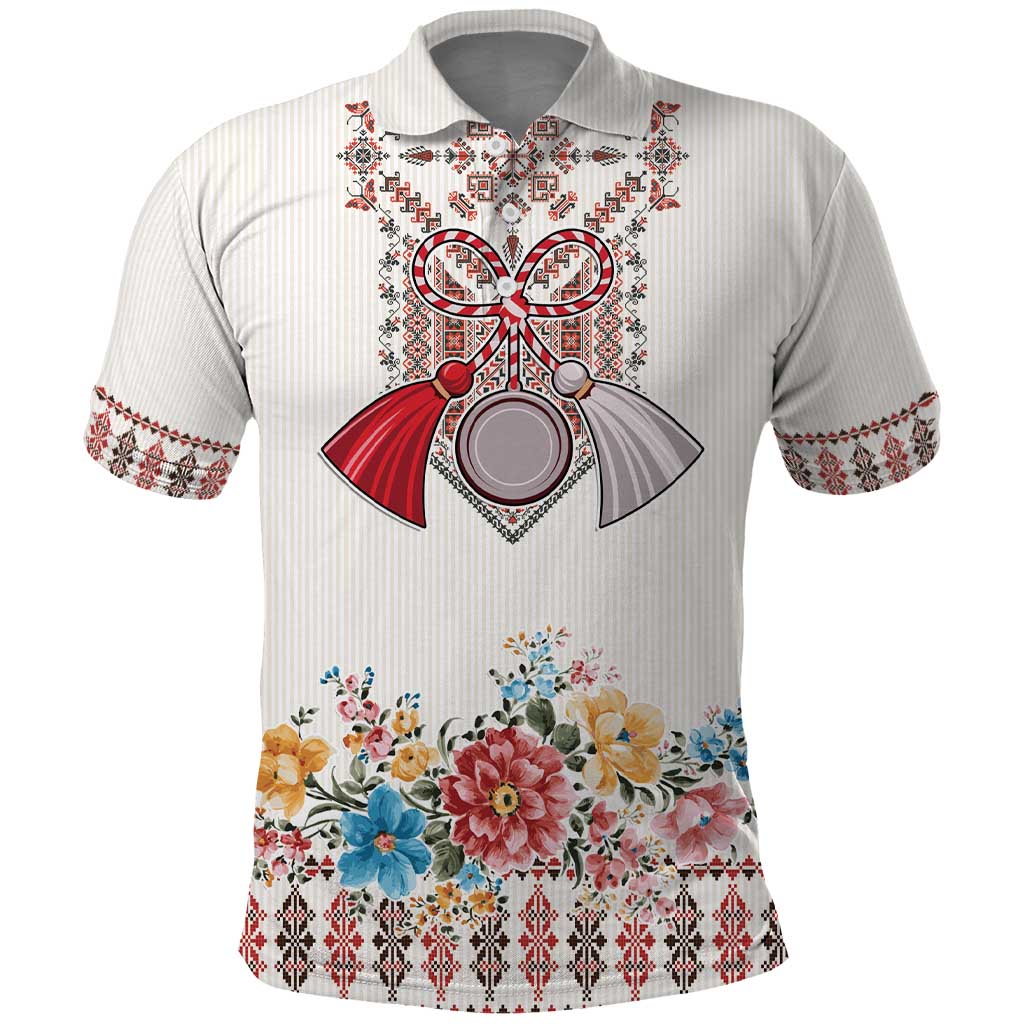 Romania Happy Martisor Day 1 March Polo Shirt Martenitsa and Peony Romanian Traditional Pattern