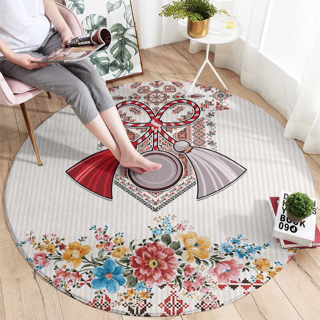 Romania Happy Martisor Day 1 March Round Carpet Martenitsa and Peony Romanian Traditional Pattern