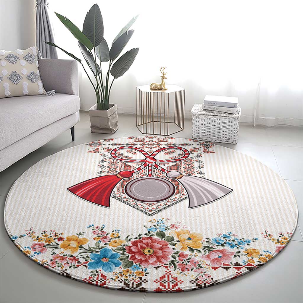 Romania Happy Martisor Day 1 March Round Carpet Martenitsa and Peony Romanian Traditional Pattern