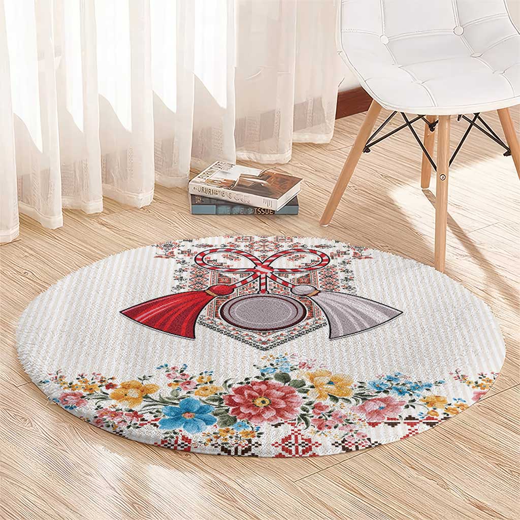 Romania Happy Martisor Day 1 March Round Carpet Martenitsa and Peony Romanian Traditional Pattern