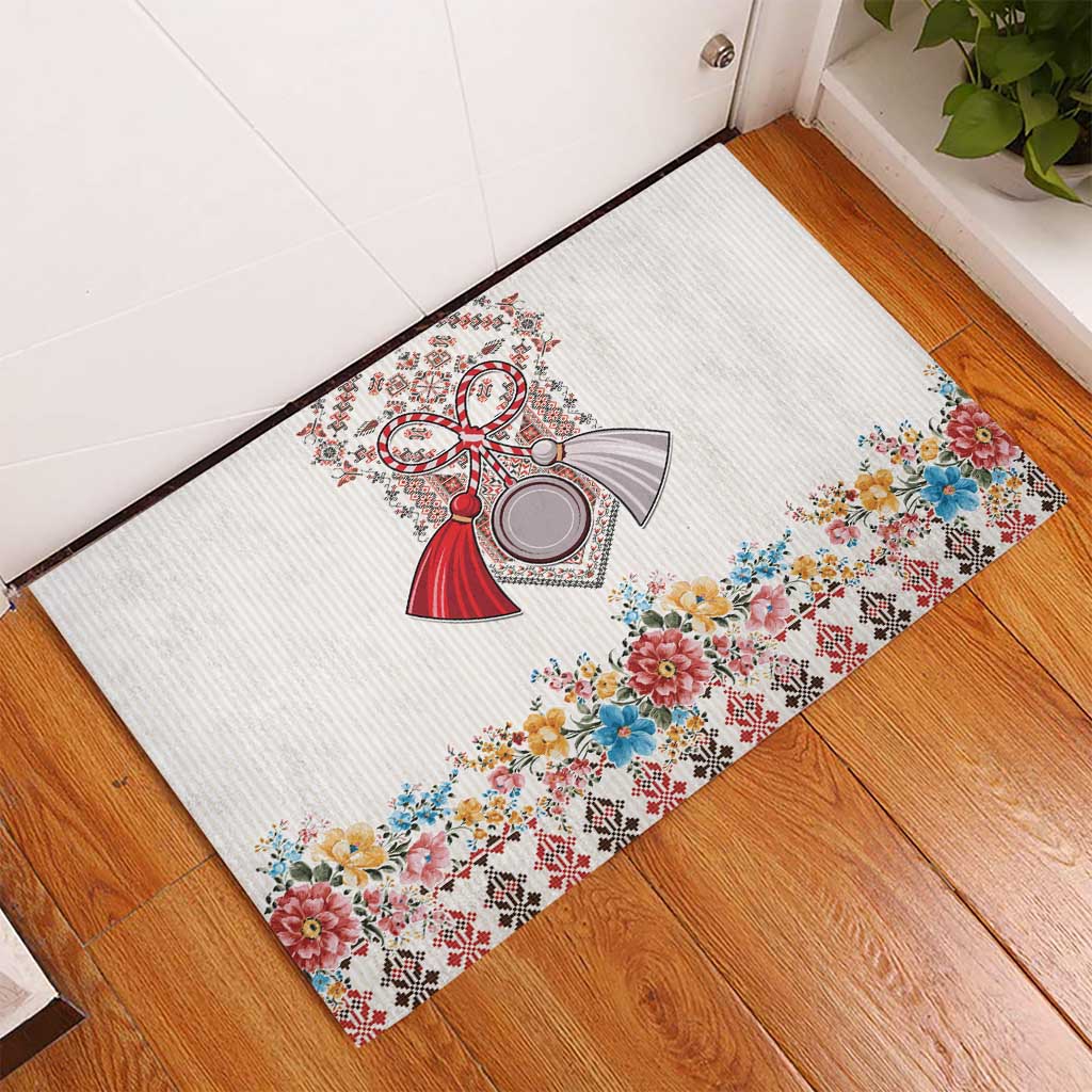 Romania Happy Martisor Day 1 March Rubber Doormat Martenitsa and Peony Romanian Traditional Pattern