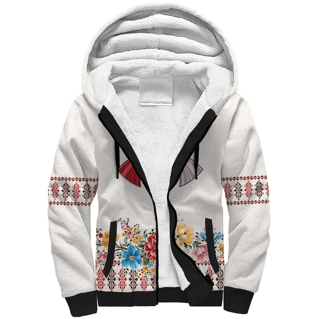 Romania Happy Martisor Day 1 March Sherpa Hoodie Martenitsa and Peony Romanian Traditional Pattern