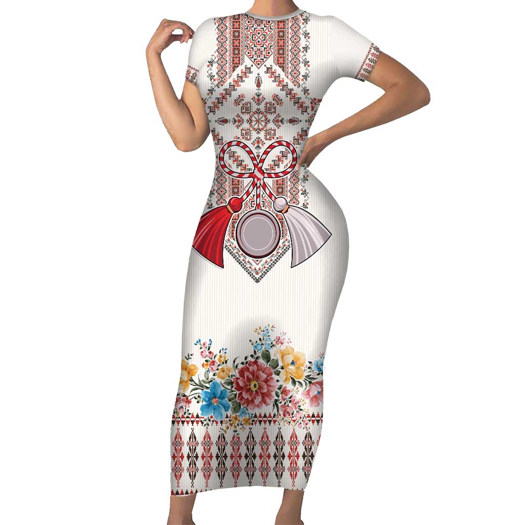 Romania Happy Martisor Day 1 March Short Sleeve Bodycon Dress Martenitsa and Peony Romanian Traditional Pattern