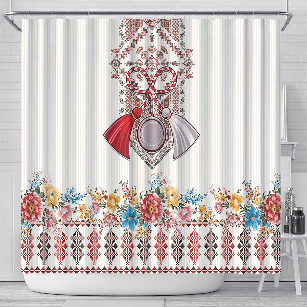 Romania Happy Martisor Day 1 March Shower Curtain Martenitsa and Peony Romanian Traditional Pattern
